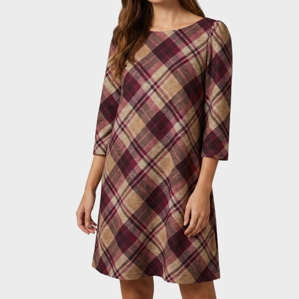 JH Womens XL Dress Criss Cross Plaid Brown Red